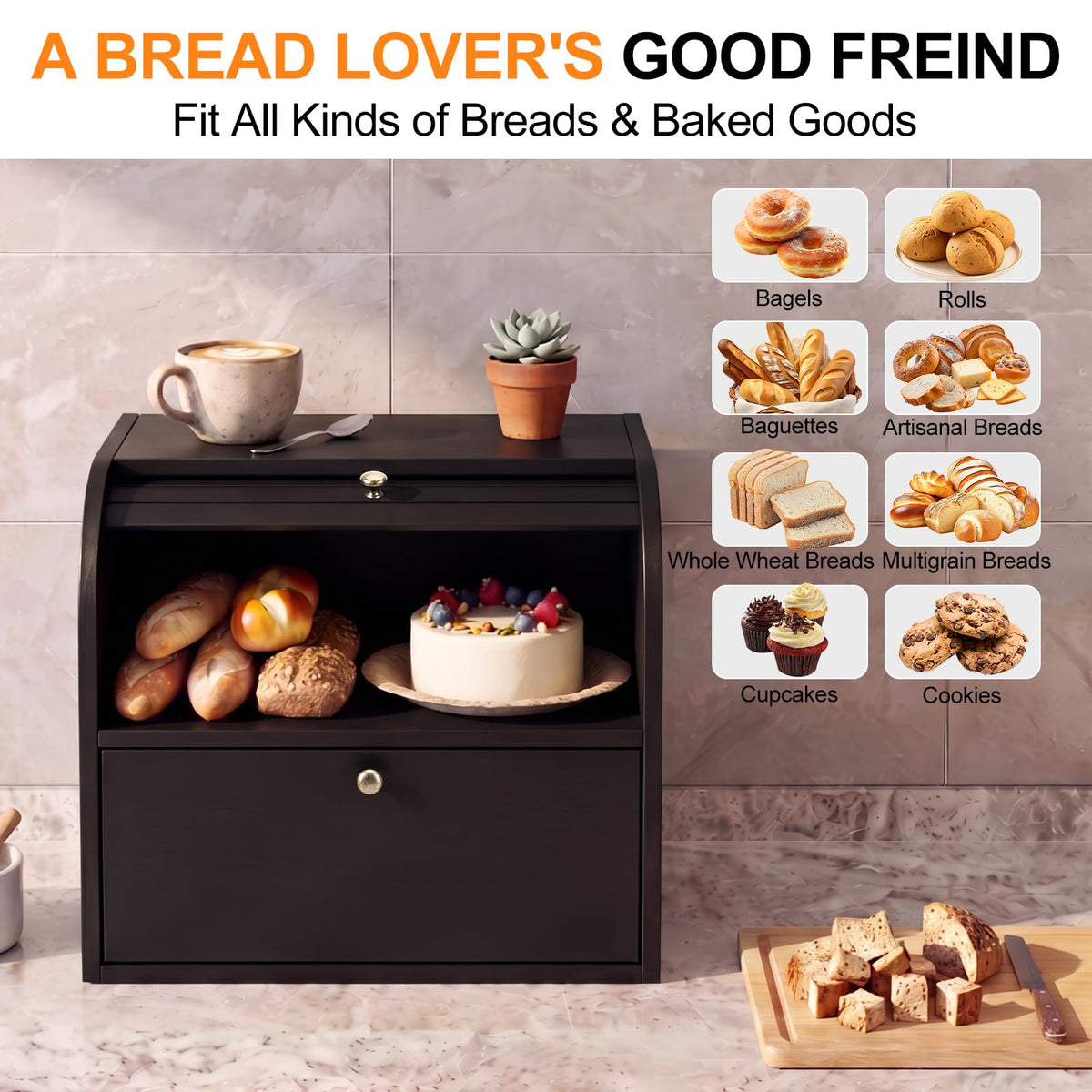 Black Roll Top Bread Box with Cutting Board P90350