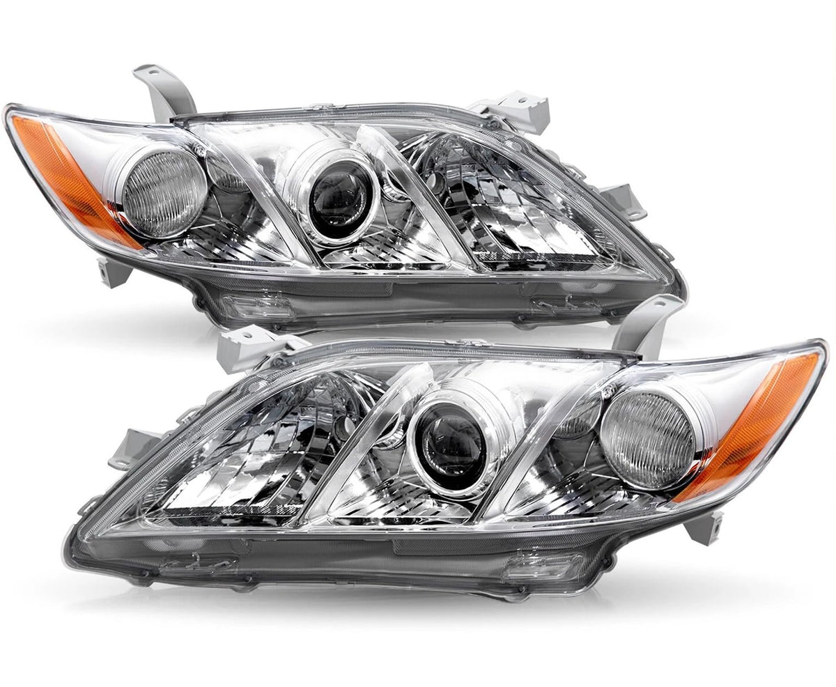 Pair Headlights Assembly Compatible With 2007-2009 Toyota Camry Driver Passenger Side Halogen Chrome Housing Clear Lens C80966