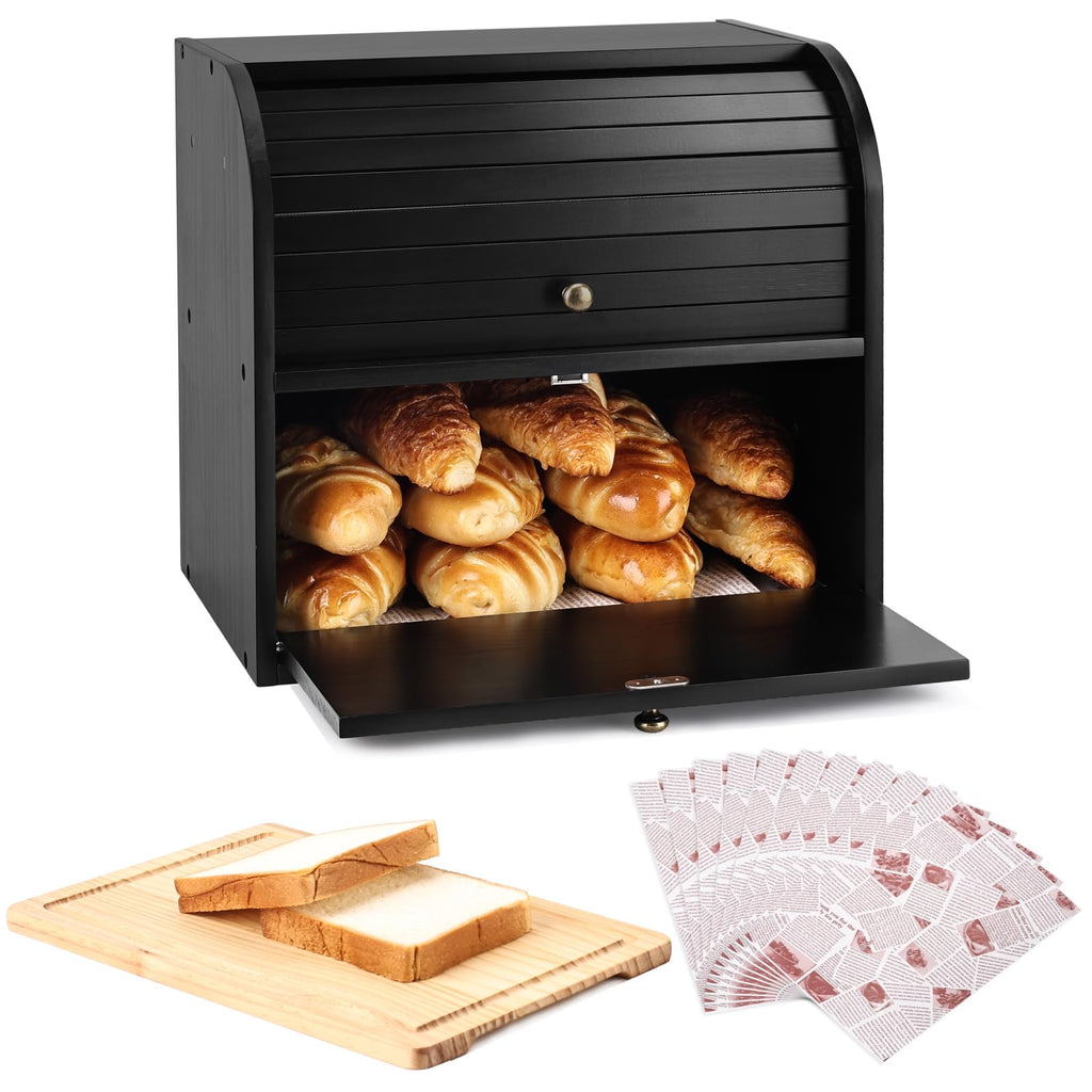 Black Roll Top Bread Box with Cutting Board P90350