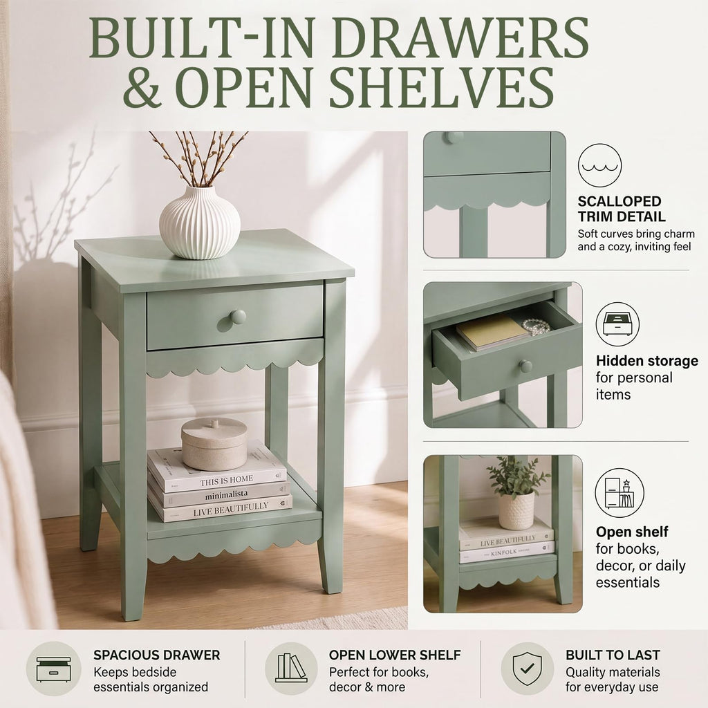 Scalloped Nightstands Side End Table with Drawer & Open Shelf F49307