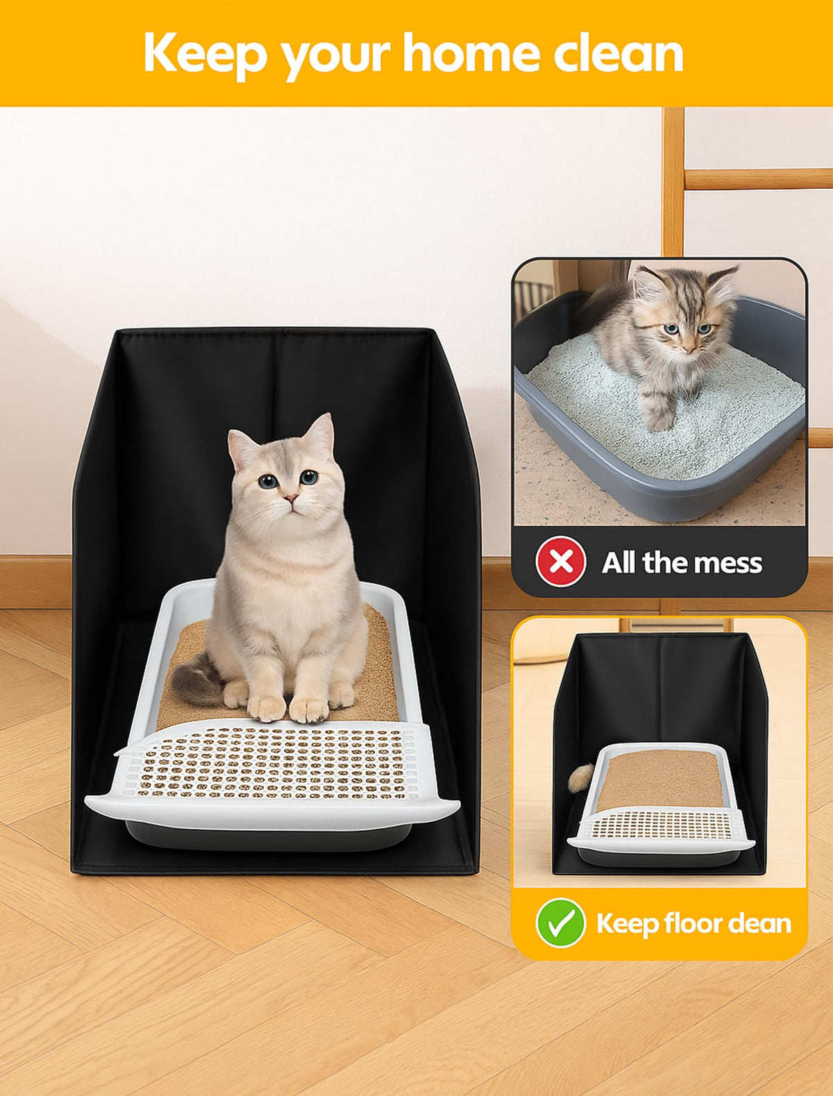 Black Waterproof Cat Litter Box Enclosure with Removable Mat J6021