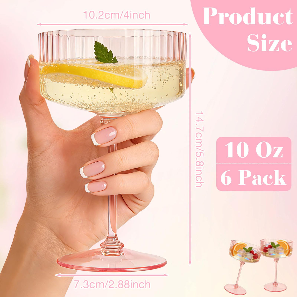 6 Pcs 10 Oz Pink Champagne Martini Glasses Set A16798