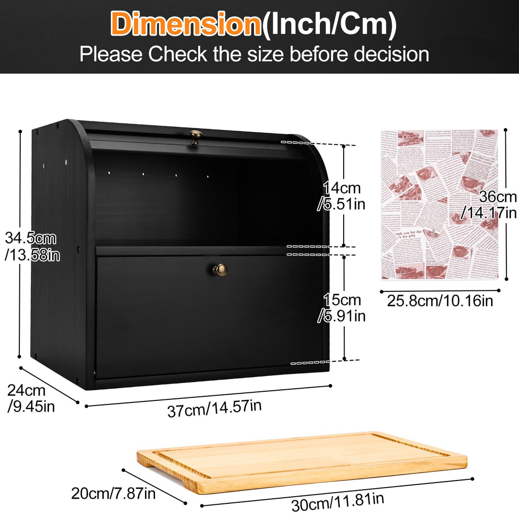 Black Roll Top Bread Box with Cutting Board P90350