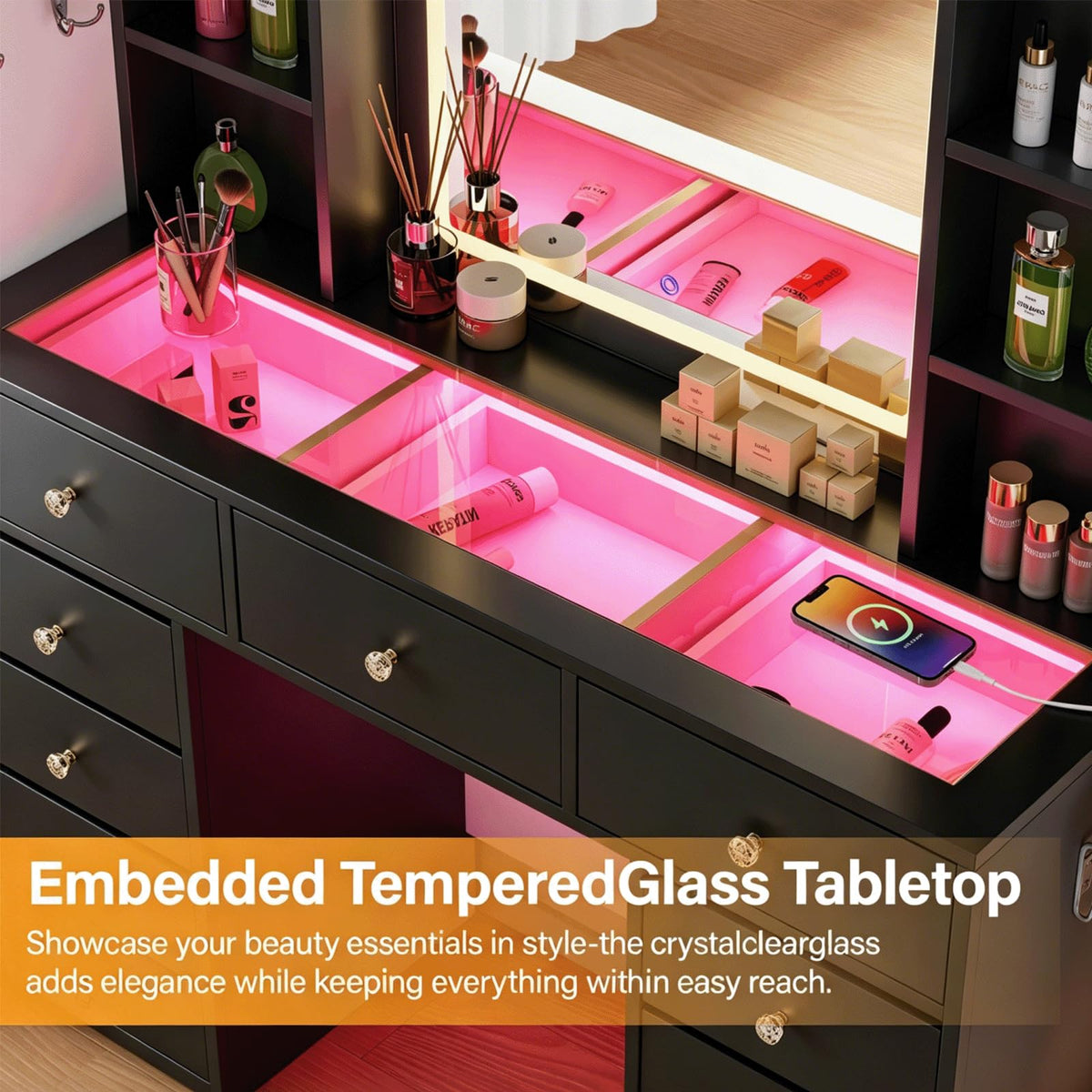 Full Length Mirror Vanity Desk with LED Mirror and 11 Drawers O63216