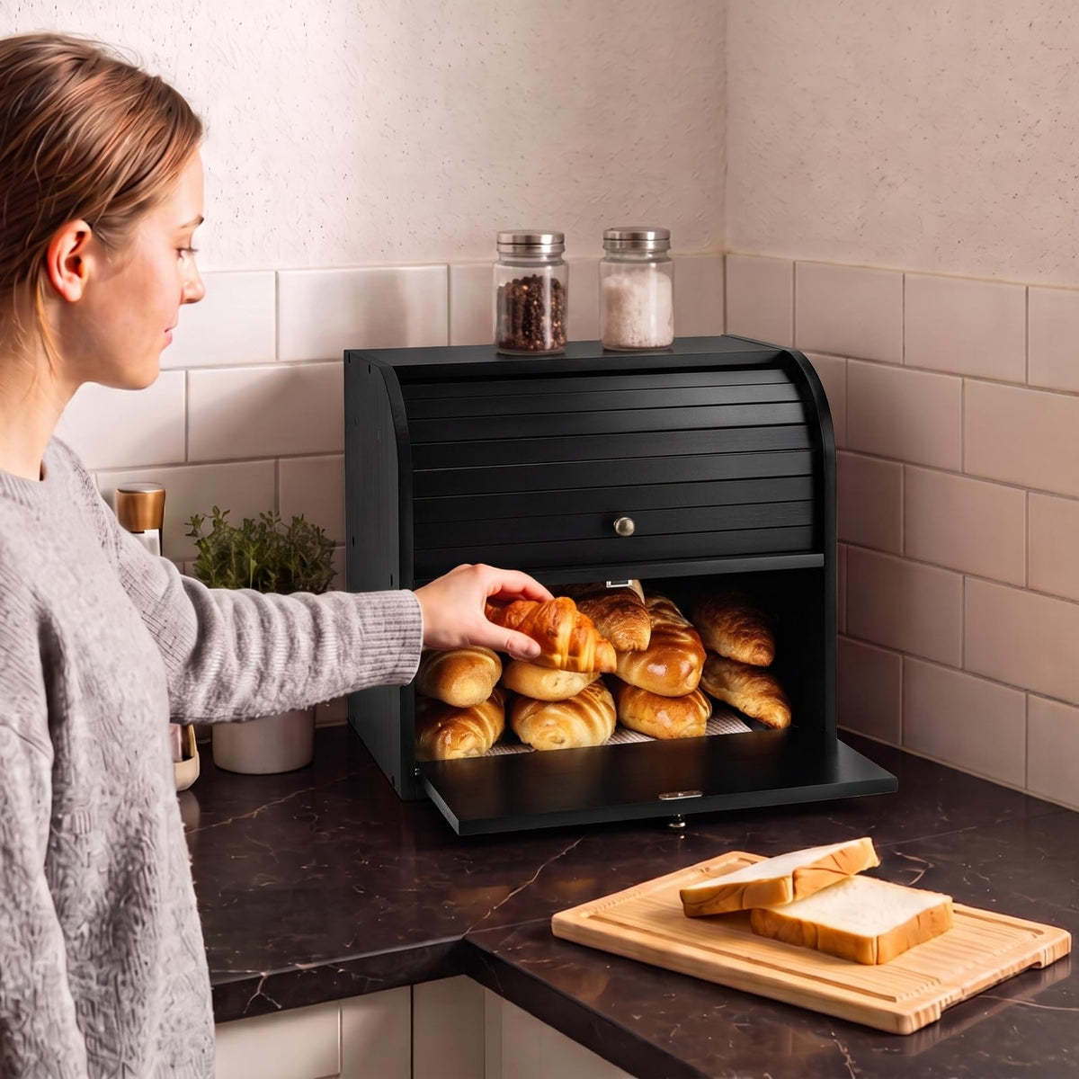 Black Roll Top Bread Box with Cutting Board P90350