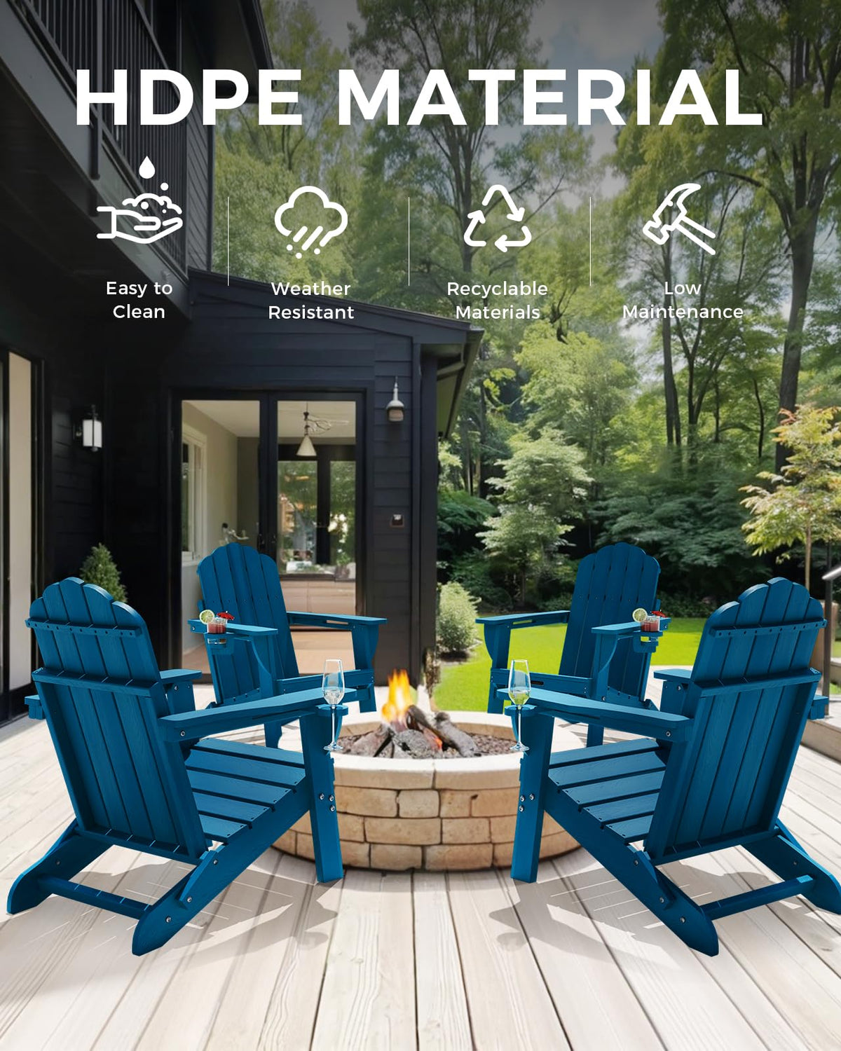 Folding Adirondack Chairs Set of 4 with 2 Cup Holders U9293