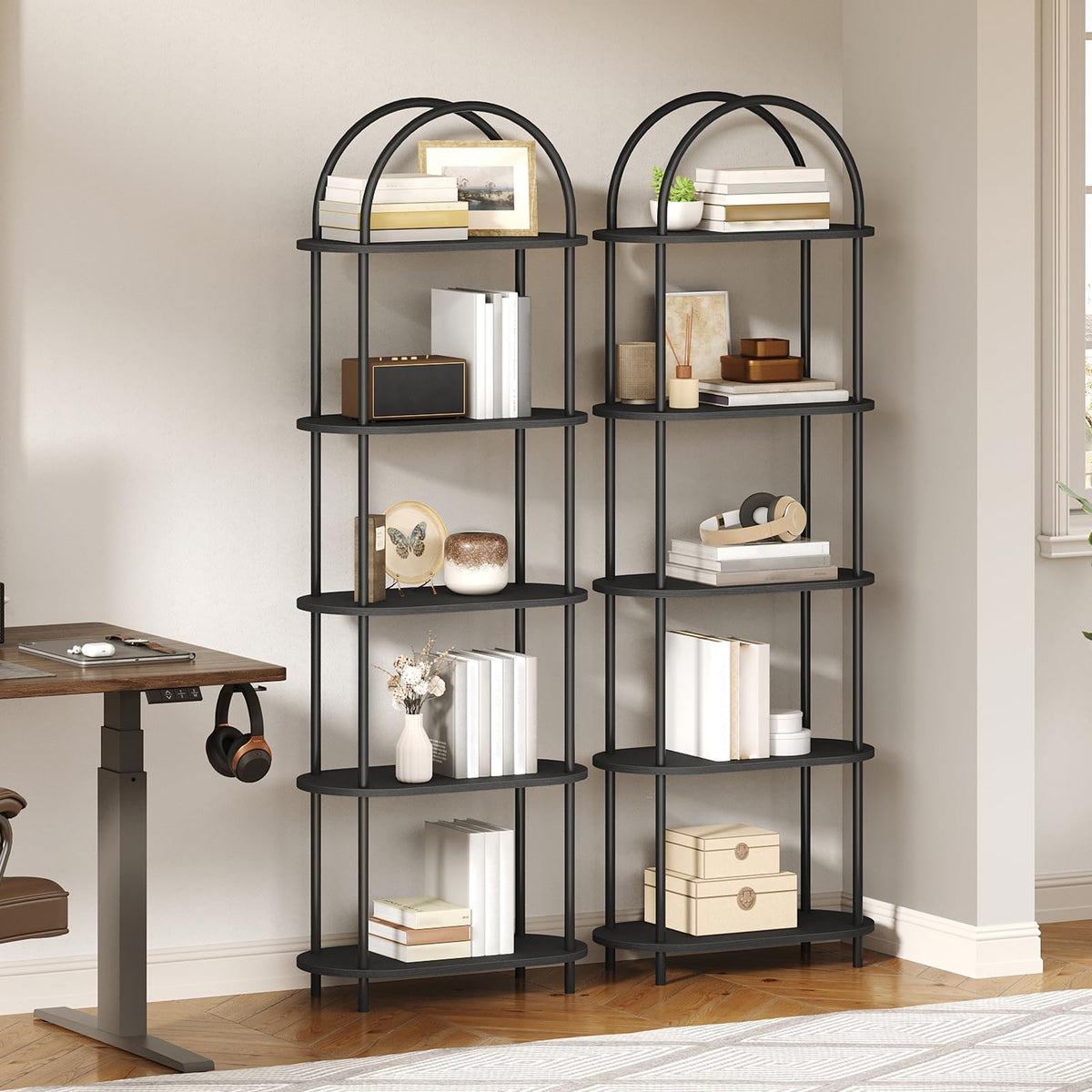5 Tier Arched Wooden Bookshelf Metal Frame L3012