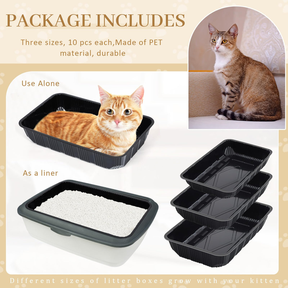 30 Pcs Disposable Plastic Cat Litter Trays 3 Sizes Black O74359