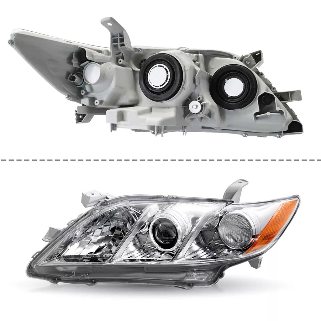 Pair Headlights Assembly Compatible With 2007-2009 Toyota Camry Driver Passenger Side Halogen Chrome Housing Clear Lens C80966