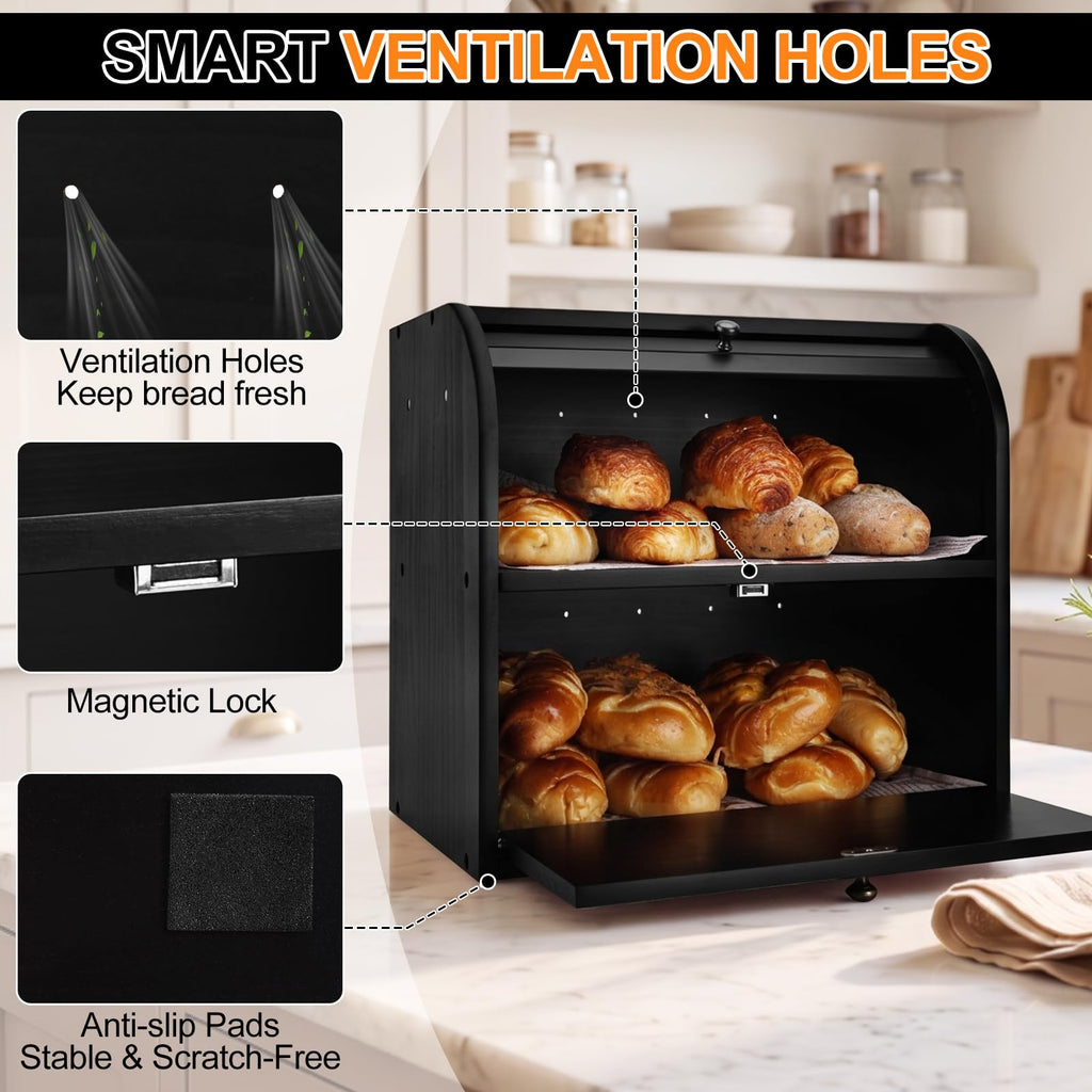 Black Roll Top Bread Box with Cutting Board P90350