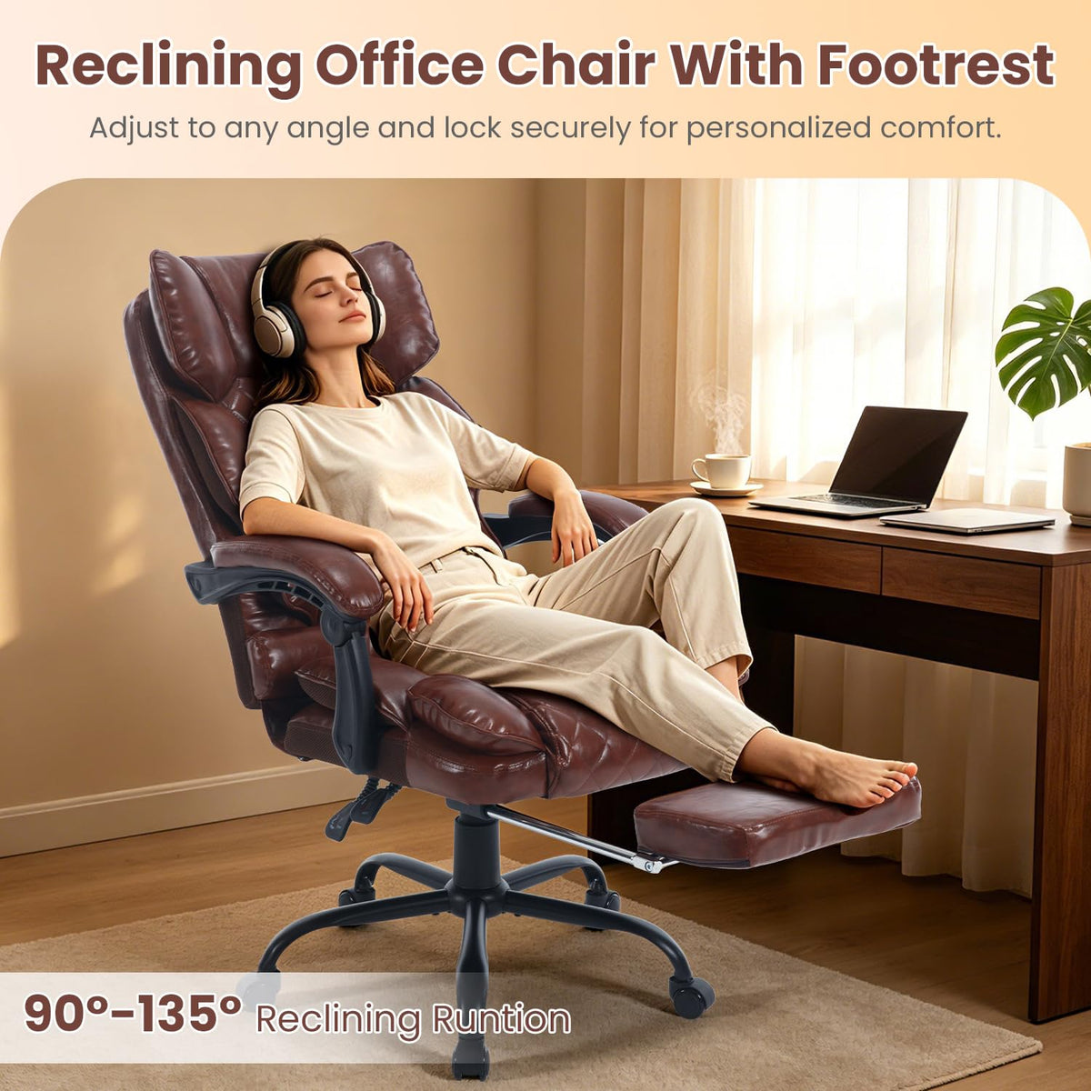 Brown Reclining Ergonomic Office Chair with Footrest O884712