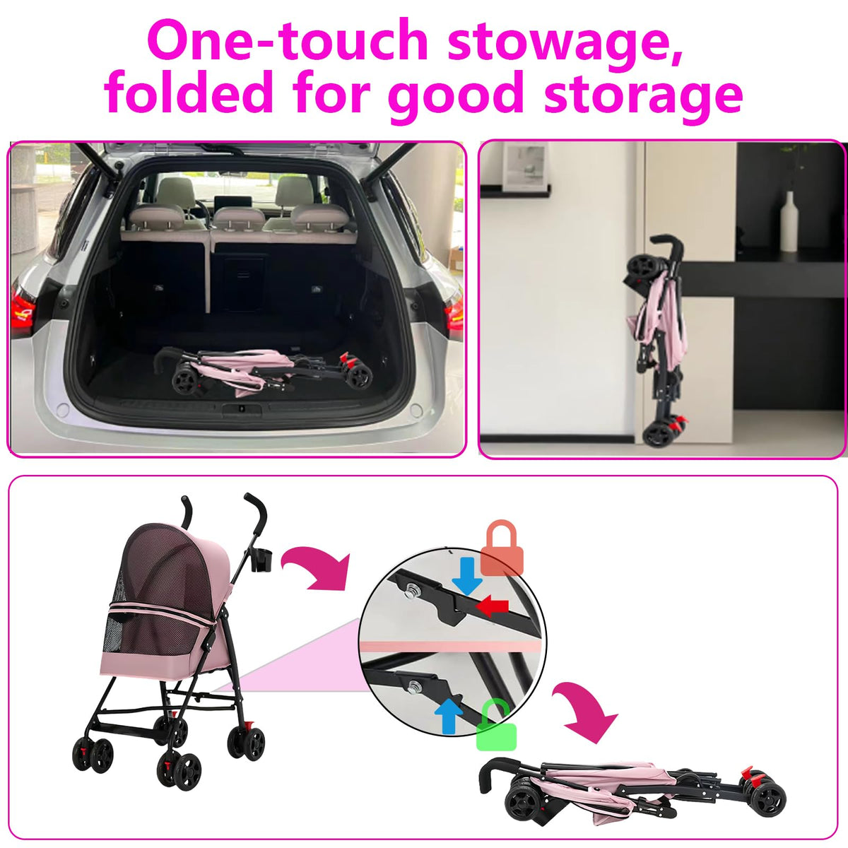 Foldable Lightweight Cat Stroller Pink H348