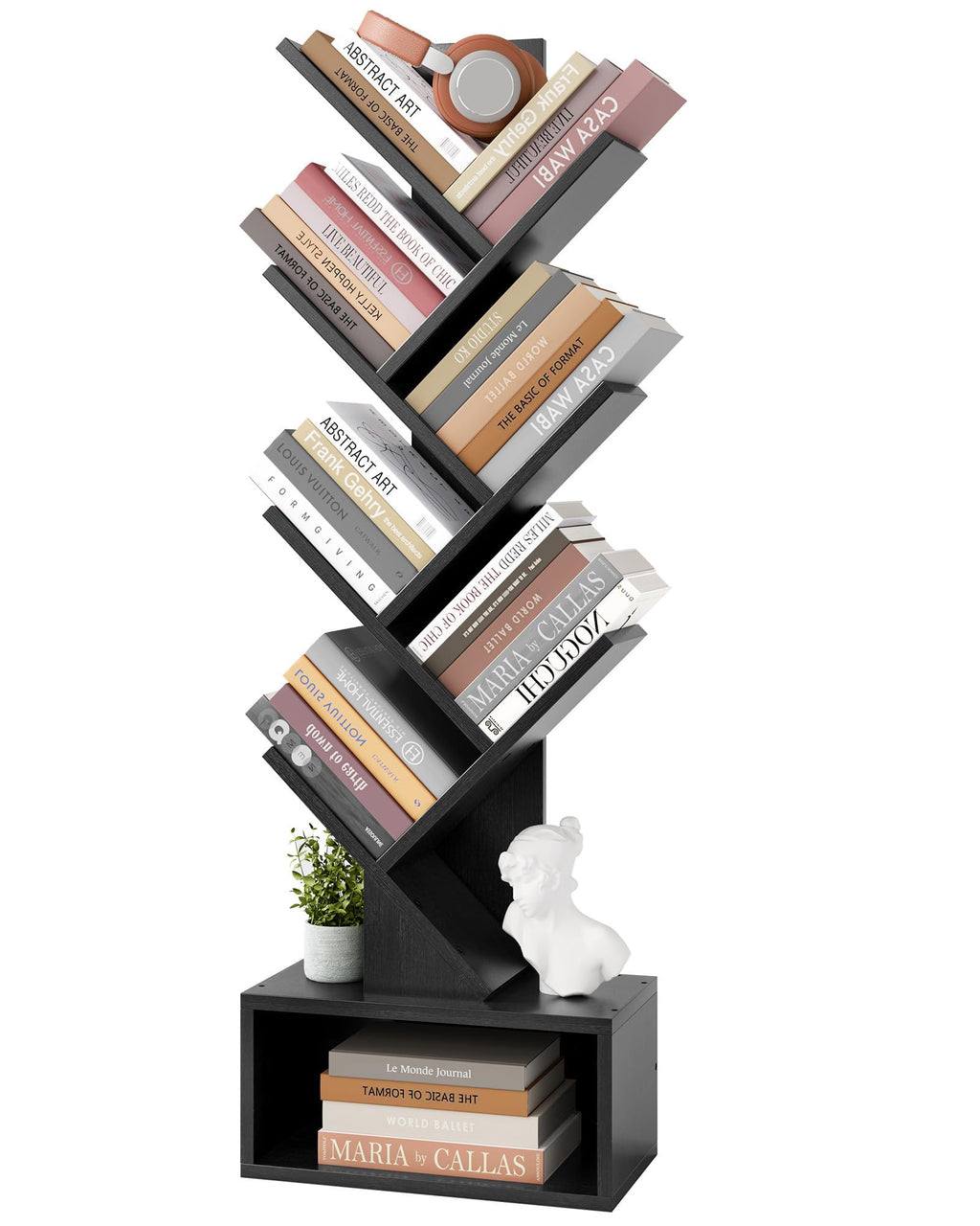 Black 6 Tier Wood Tree Bookshelf with Drawer Y124
