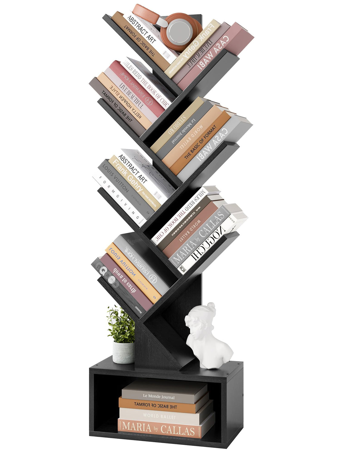 Black 6 Tier Wood Tree Bookshelf with Drawer Y124