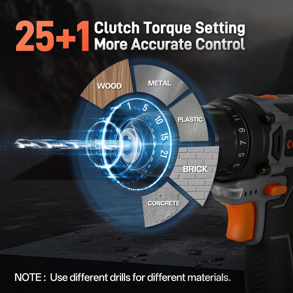 Cordless Drill Set 20V 3/8" Keyless Chuck 2 Variable Speed Orange H306