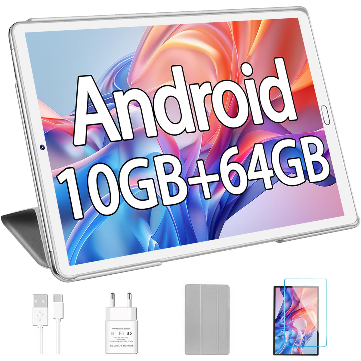 10.1 inch Android Tablet with Octa-Core Processor, 10GB RAM, 64GB ROM, Silver R446