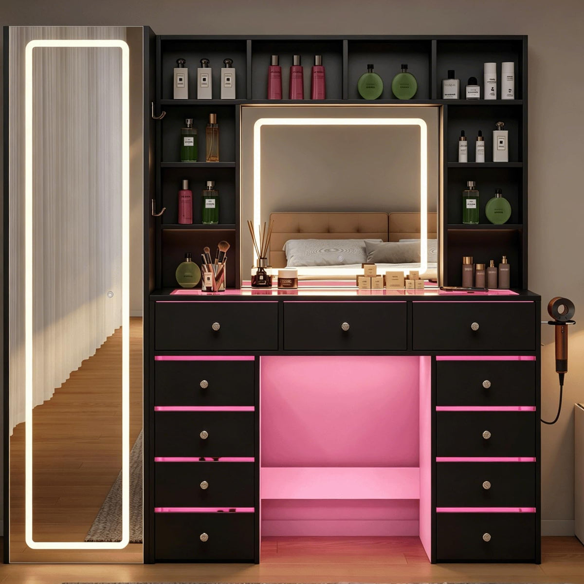 Full Length Mirror Vanity Desk with LED Mirror and 11 Drawers O63216