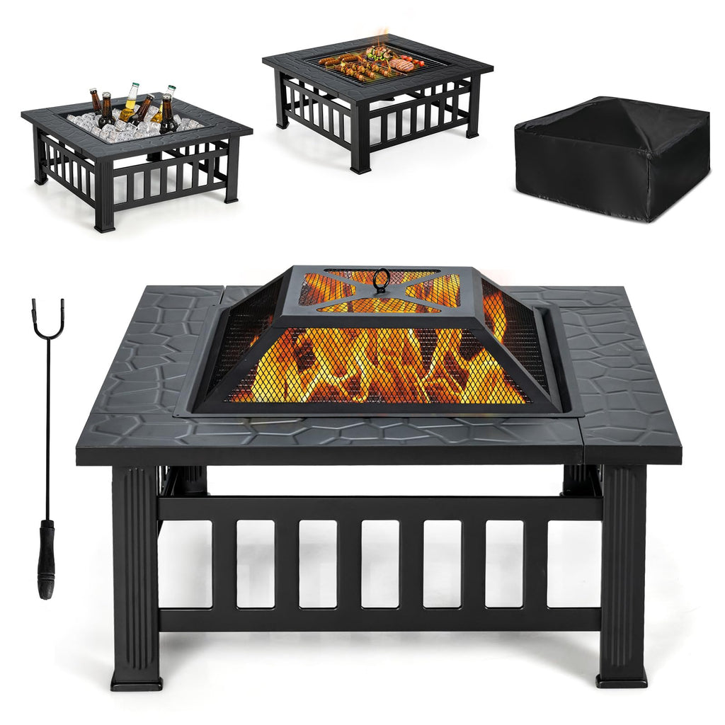 32 inch 3 in 1 Wood Burning Fire Pit Table with BBQ Grill W358579