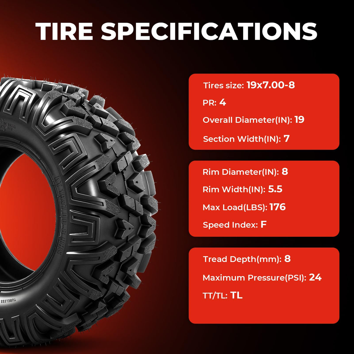 ATV Tires 19x7-8 4-Ply Tubeless Set of 2 P99394