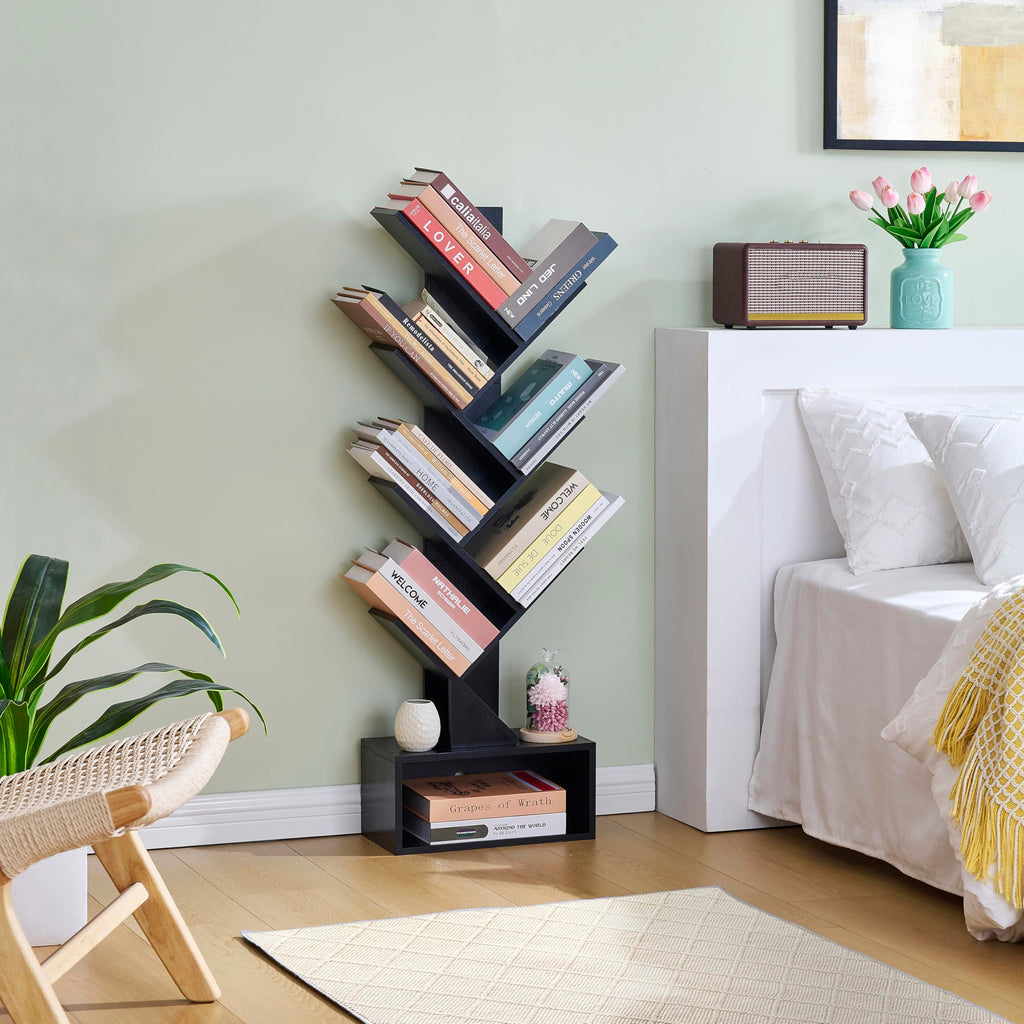 Black 6 Tier Wood Tree Bookshelf with Drawer Y124