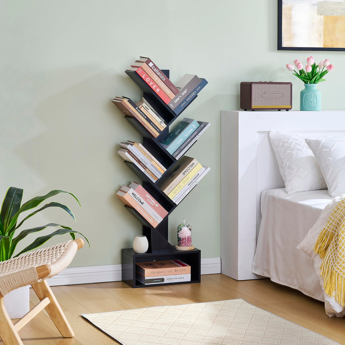 Black 6 Tier Wood Tree Bookshelf with Drawer Y124