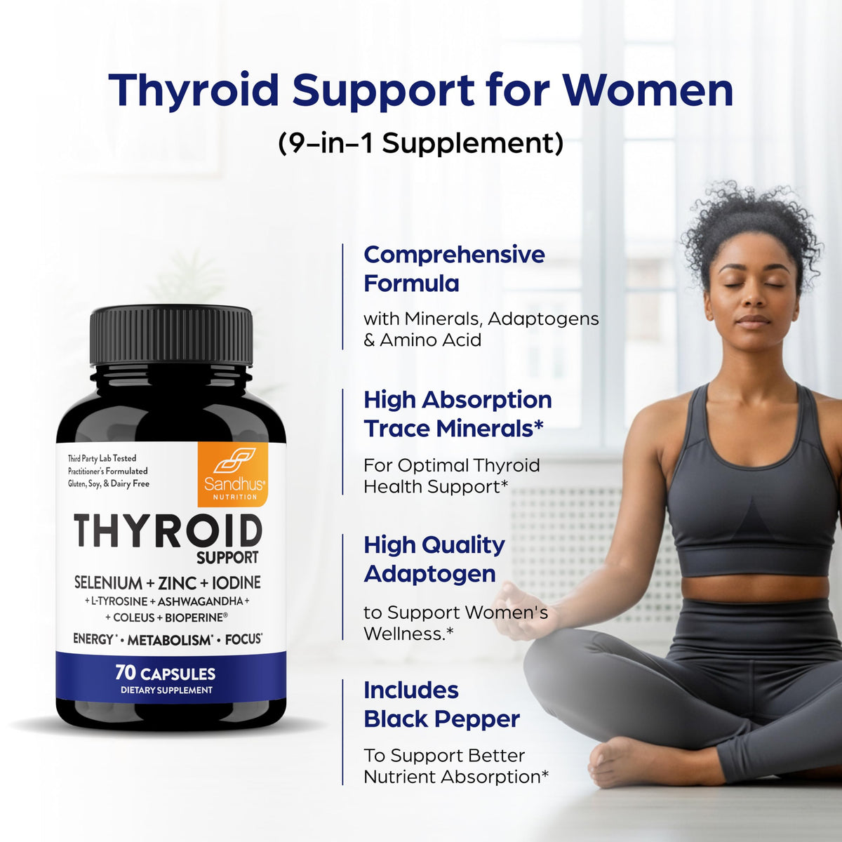 Thyroid Support with Selenium, Zinc, Iodine, L Tyrosine, Ashwagandha, 70 Count (Pack of 2) E4201