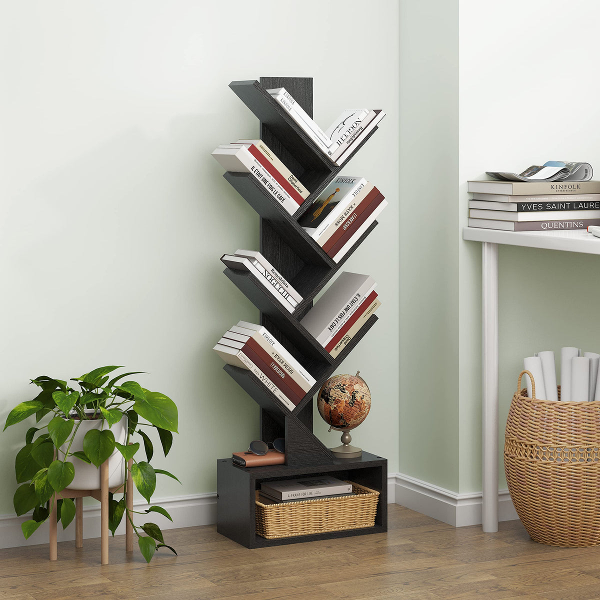Black 6 Tier Wood Tree Bookshelf with Drawer Y124
