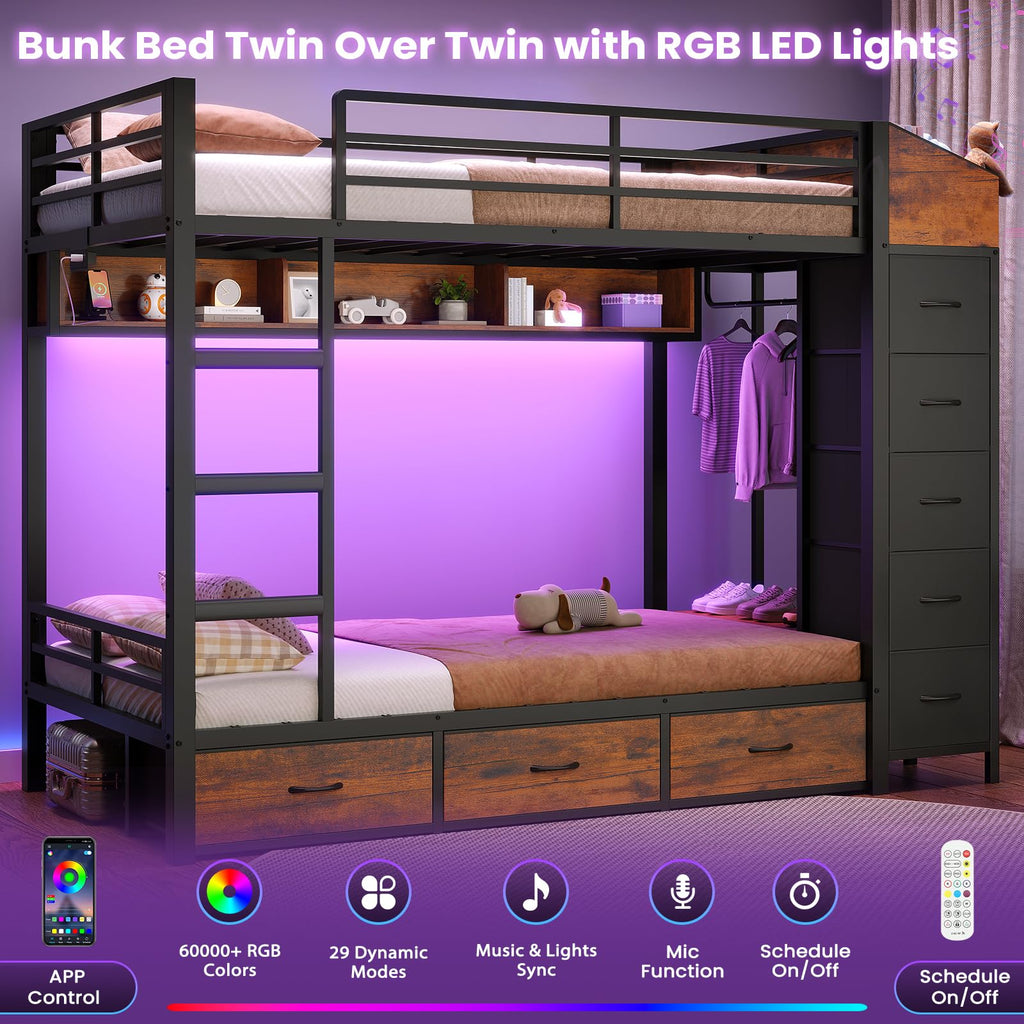 Twin Over Twin Bunk Bed with 8 Storage Drawers and Power Outlets, LED Metal Bunk Bed with Ladder, Black Y52472