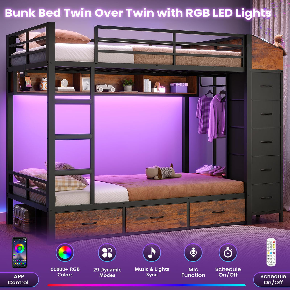 Twin Over Twin Bunk Bed with 8 Storage Drawers and Power Outlets, LED Metal Bunk Bed with Ladder, Black Y52472