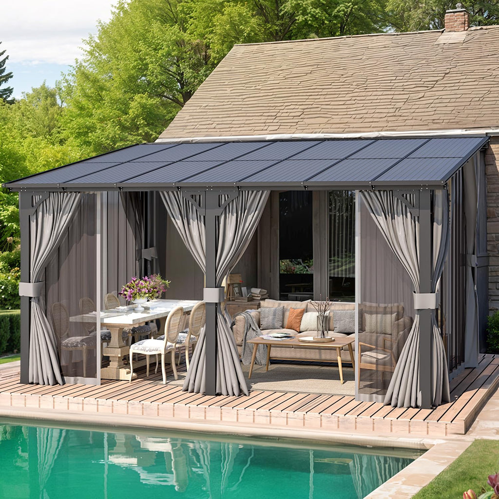 14' x 10' Hard Top Lean to Gazebo with Curtains and Mosquito Netting V19272