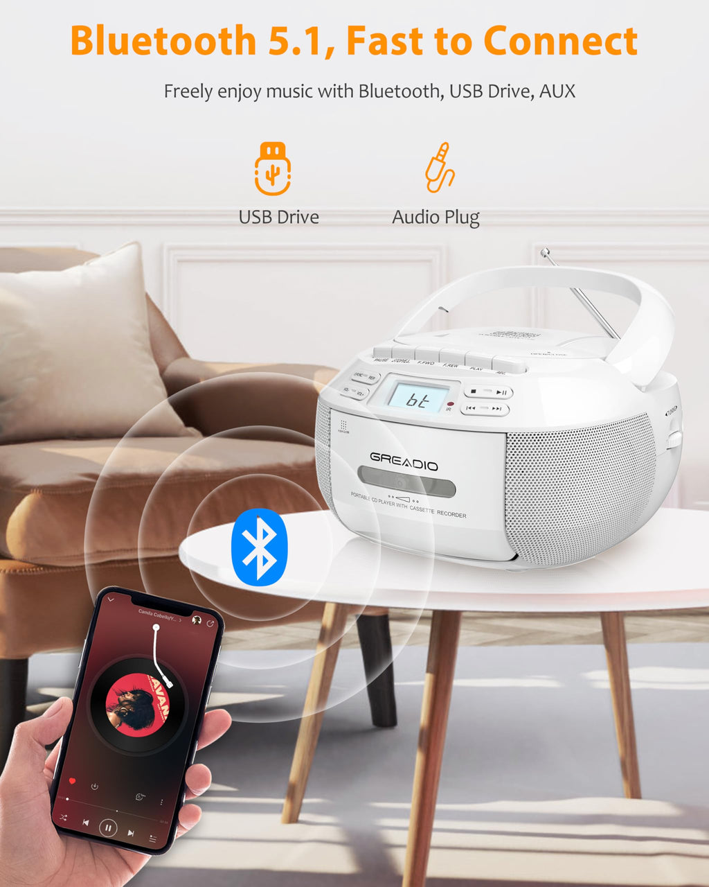 CD Player Boombox Cassette Player Combo with Bluetooth, AM/FM Radio X7041