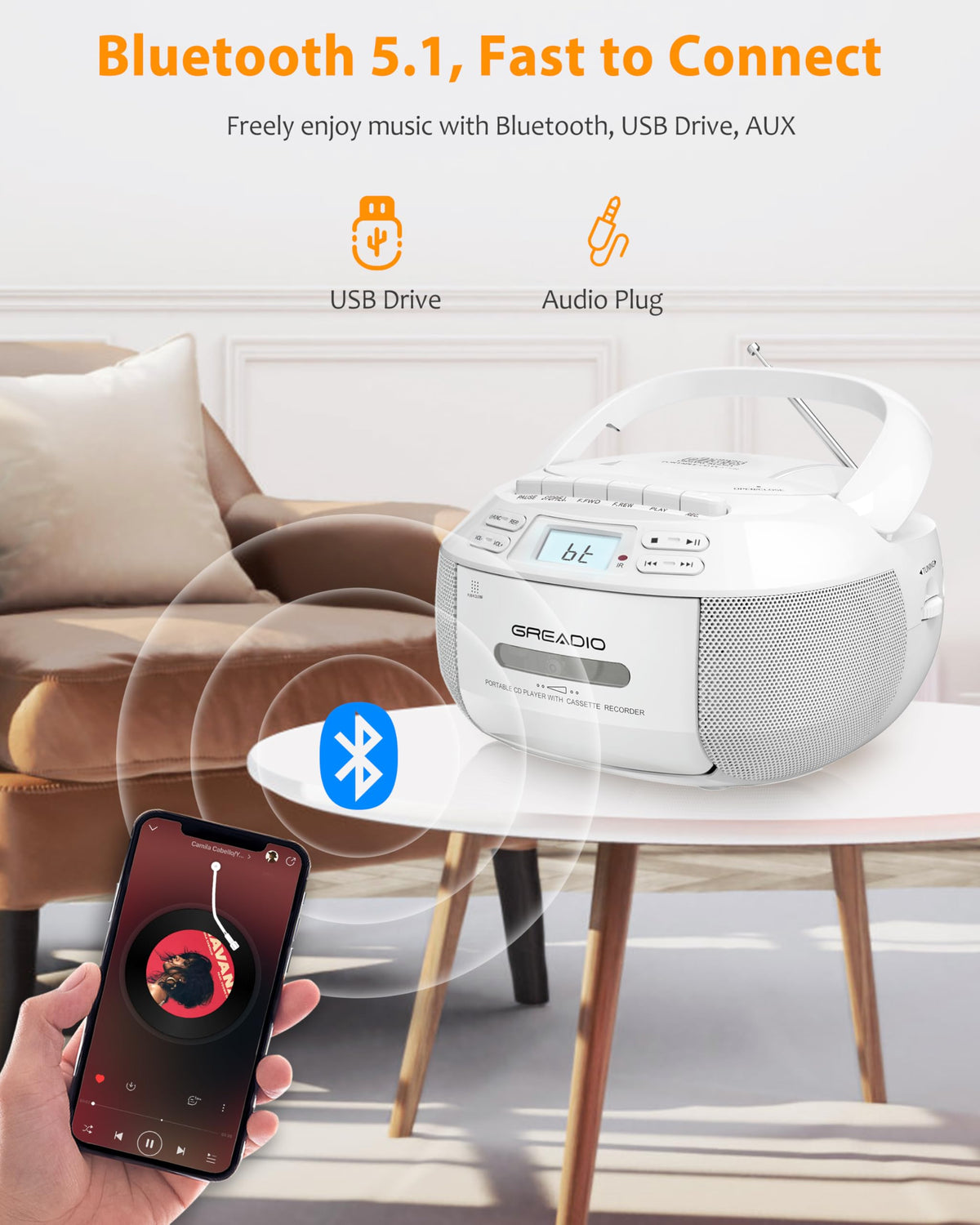 CD Player Boombox Cassette Player Combo with Bluetooth, AM/FM Radio X7041