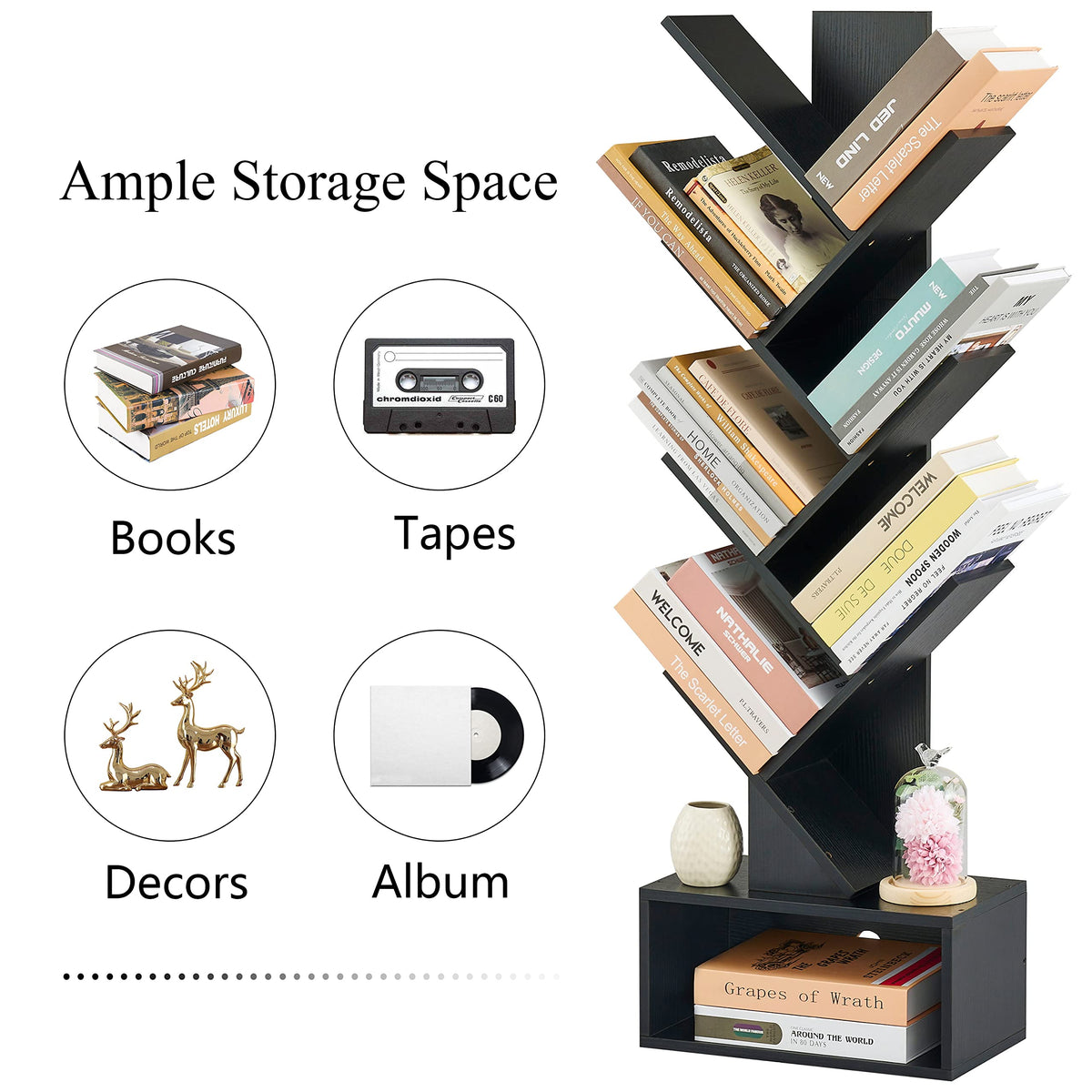 Black 6 Tier Wood Tree Bookshelf with Drawer Y124