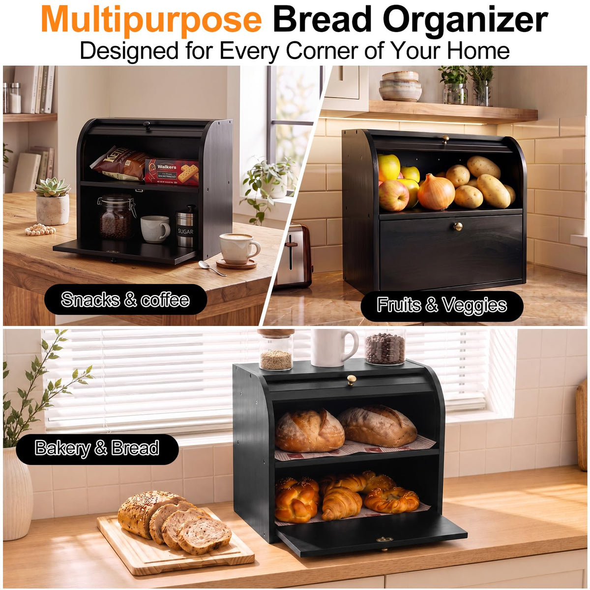 Black Roll Top Bread Box with Cutting Board P90350