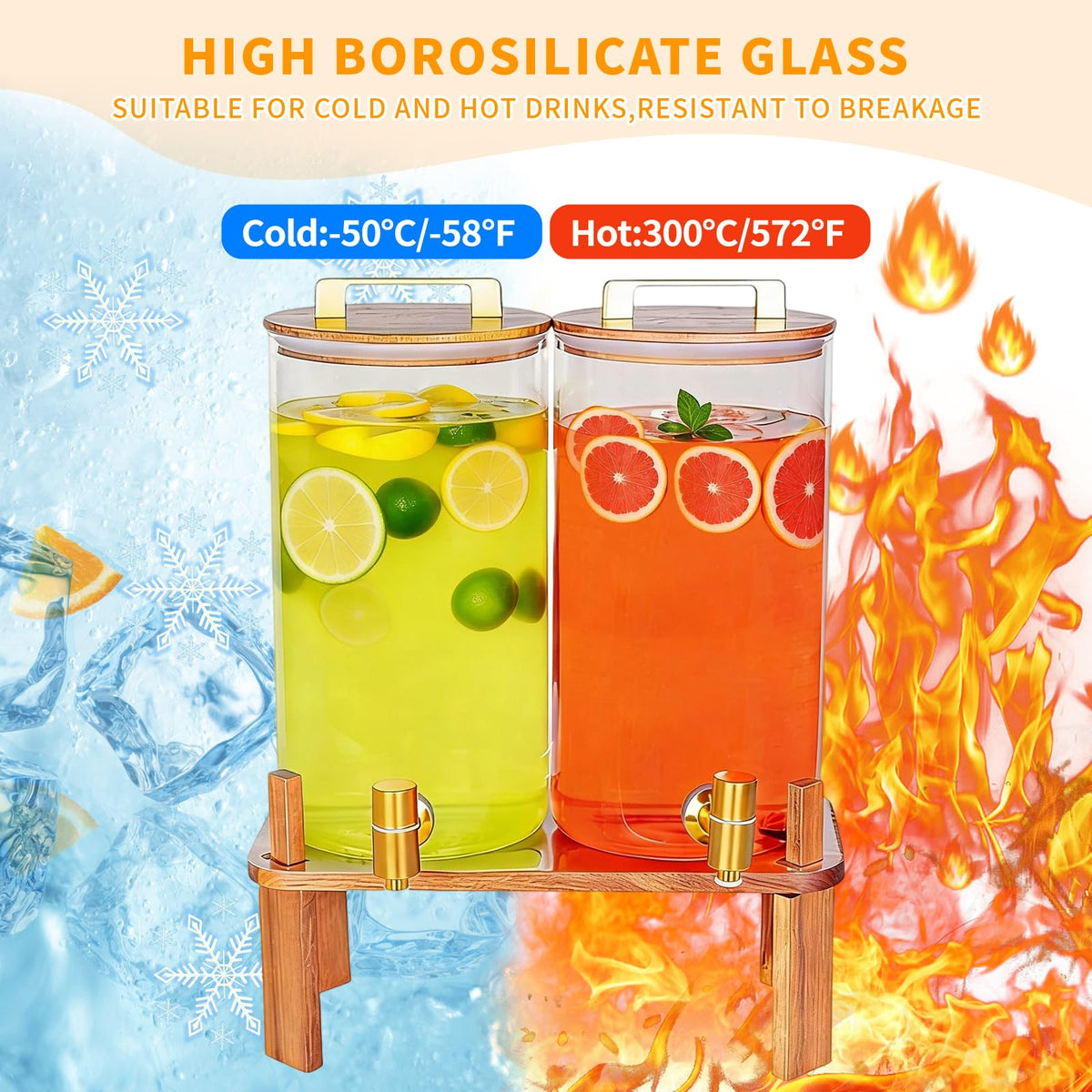 2 Pack 1.5 Gallon Glass Beverage Dispenser with Wooden Lid E54726