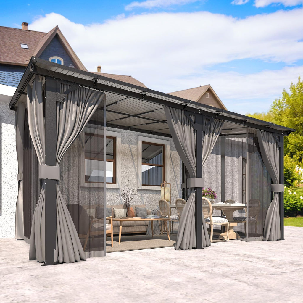 14' x 10' Hard Top Lean to Gazebo with Curtains and Mosquito Netting V19272