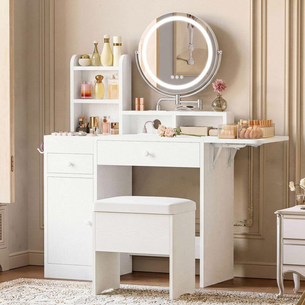 White Vanity Desk with Mirror & Power Outlet G483