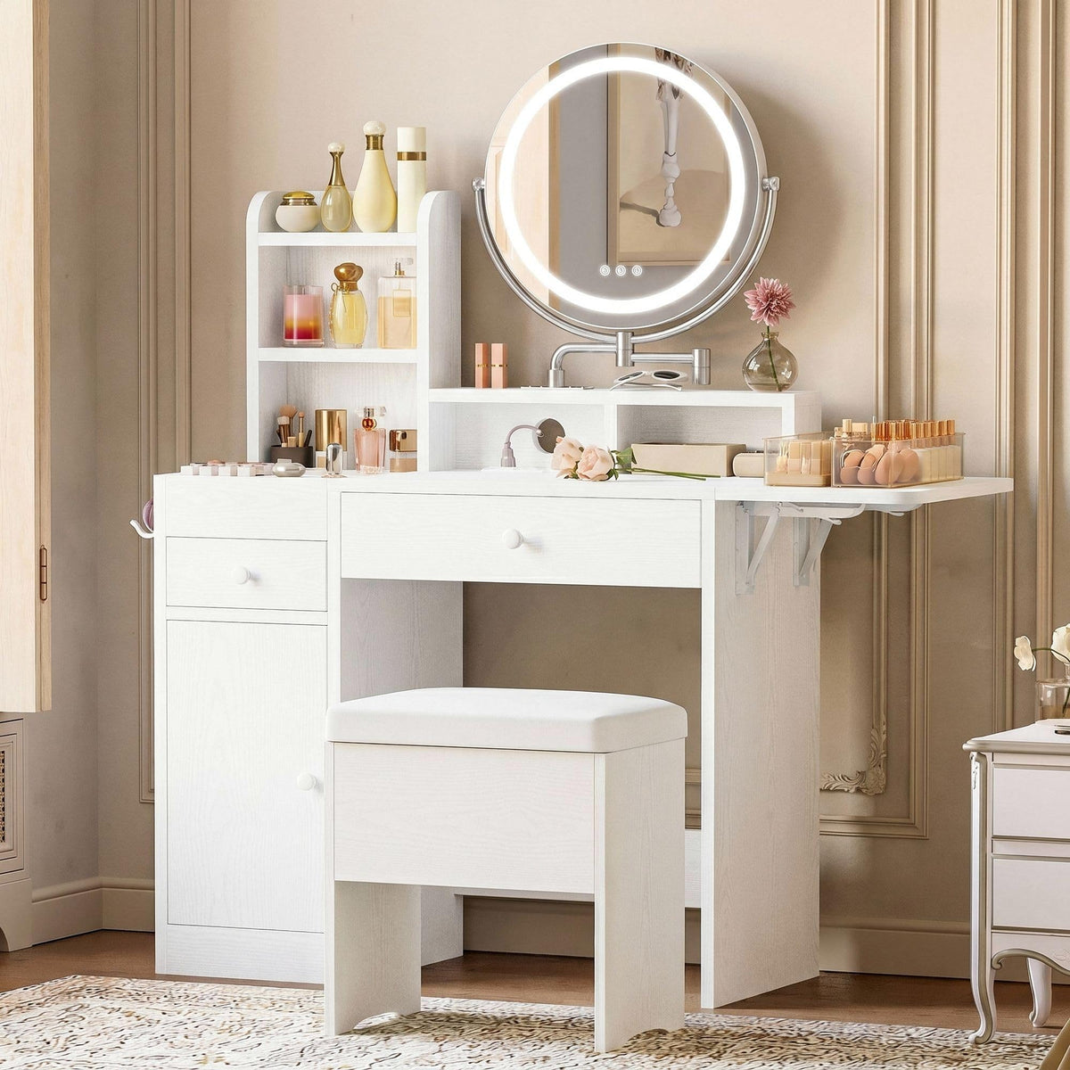 White Vanity Desk with Mirror & Power Outlet G483