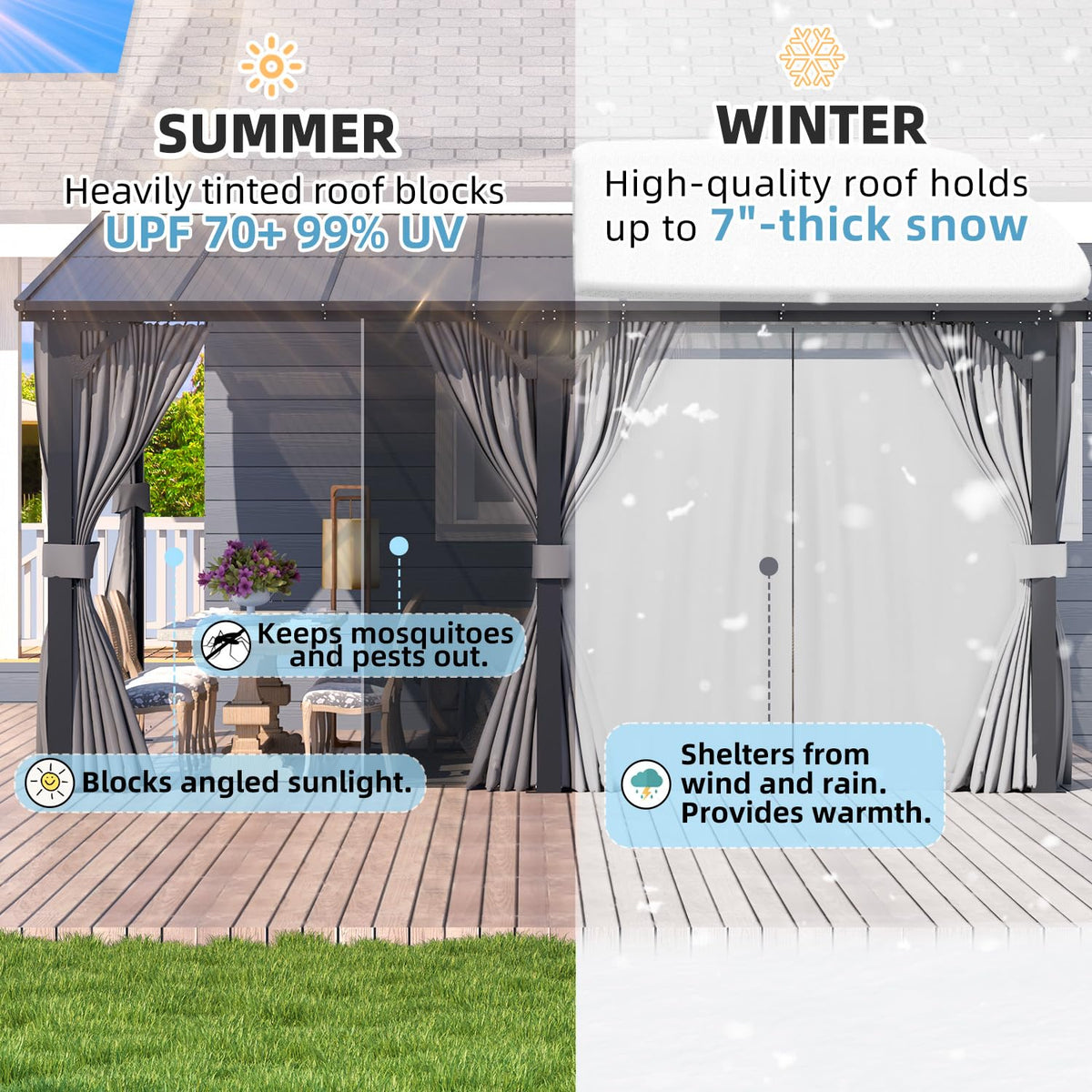 14' x 10' Hard Top Lean to Gazebo with Curtains and Mosquito Netting V19272
