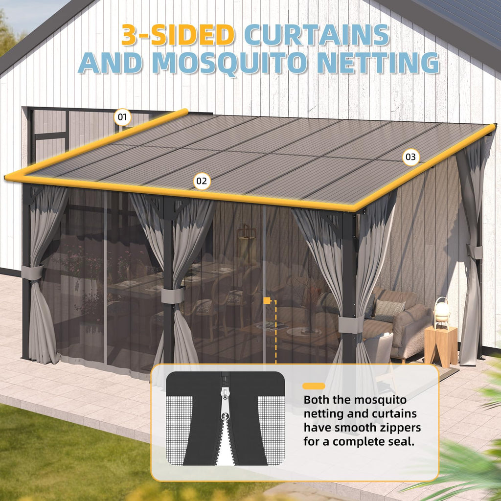 14' x 10' Hard Top Lean to Gazebo with Curtains and Mosquito Netting V19272