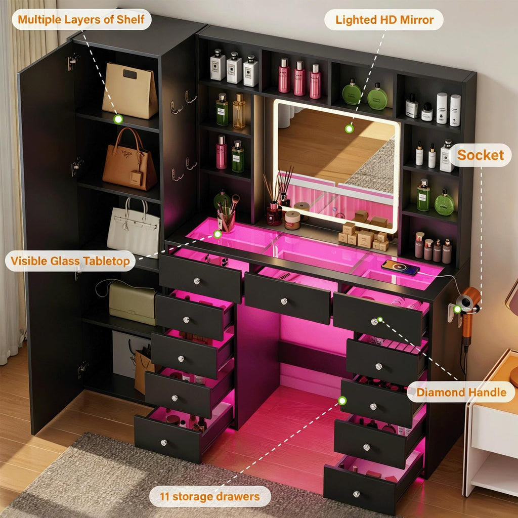 Full Length Mirror Vanity Desk with LED Mirror and 11 Drawers O63216