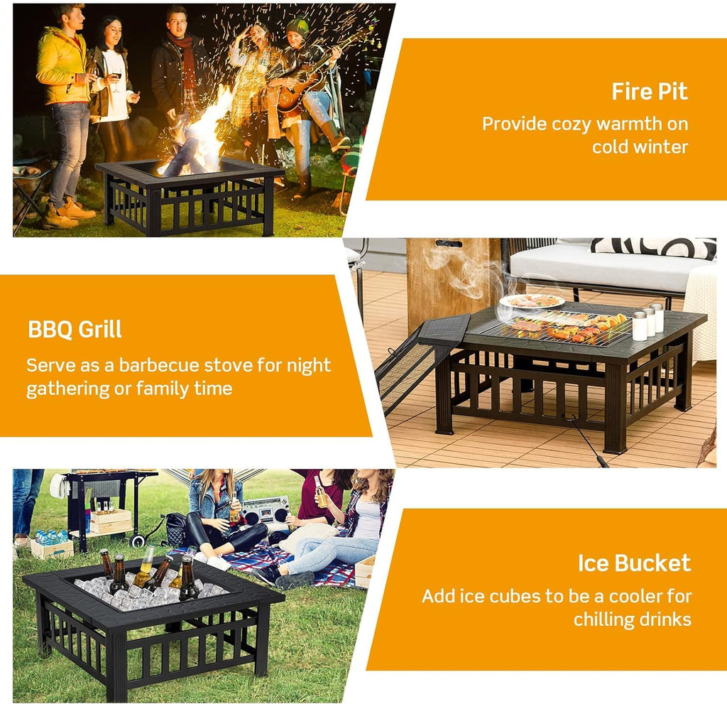 32 inch 3 in 1 Wood Burning Fire Pit Table with BBQ Grill W358579