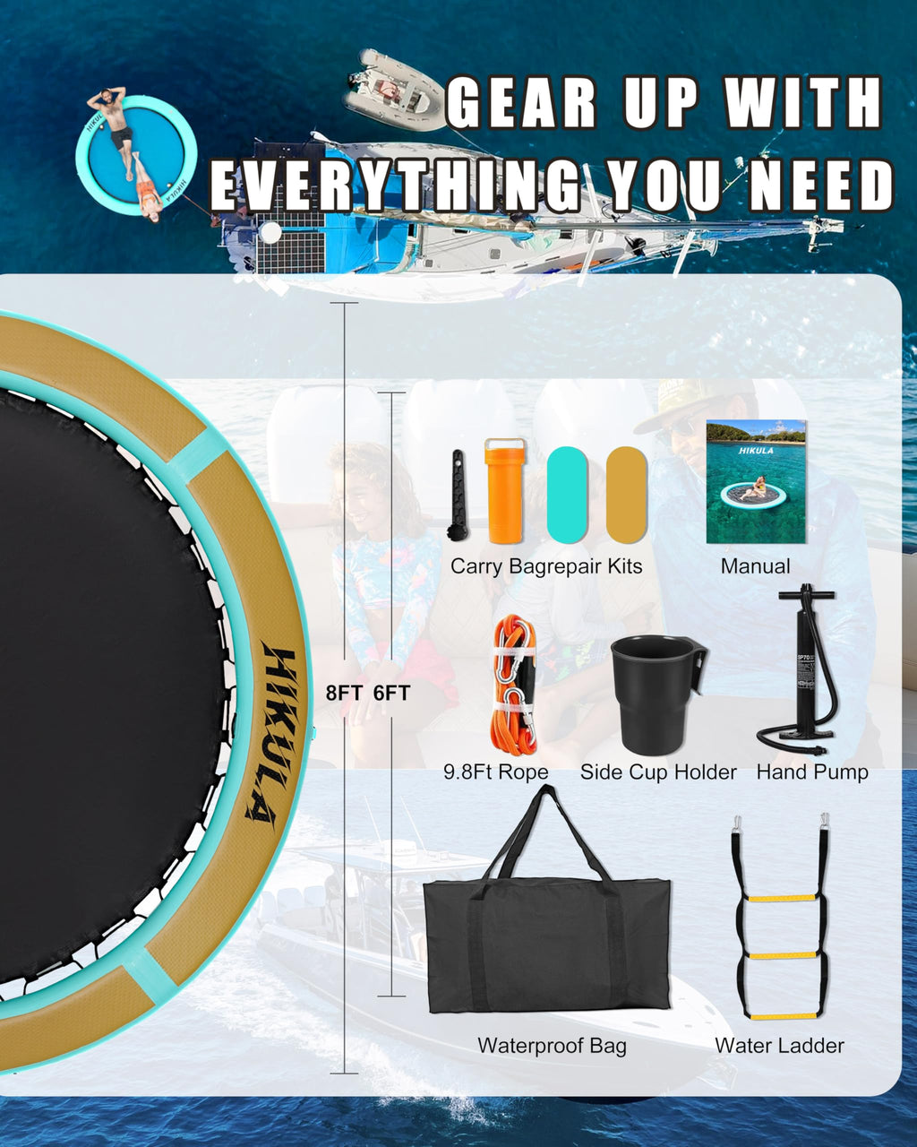 Inflatable Round Floating Ring Water Hammock Dock with Water Ladder and Cup Holder H7297