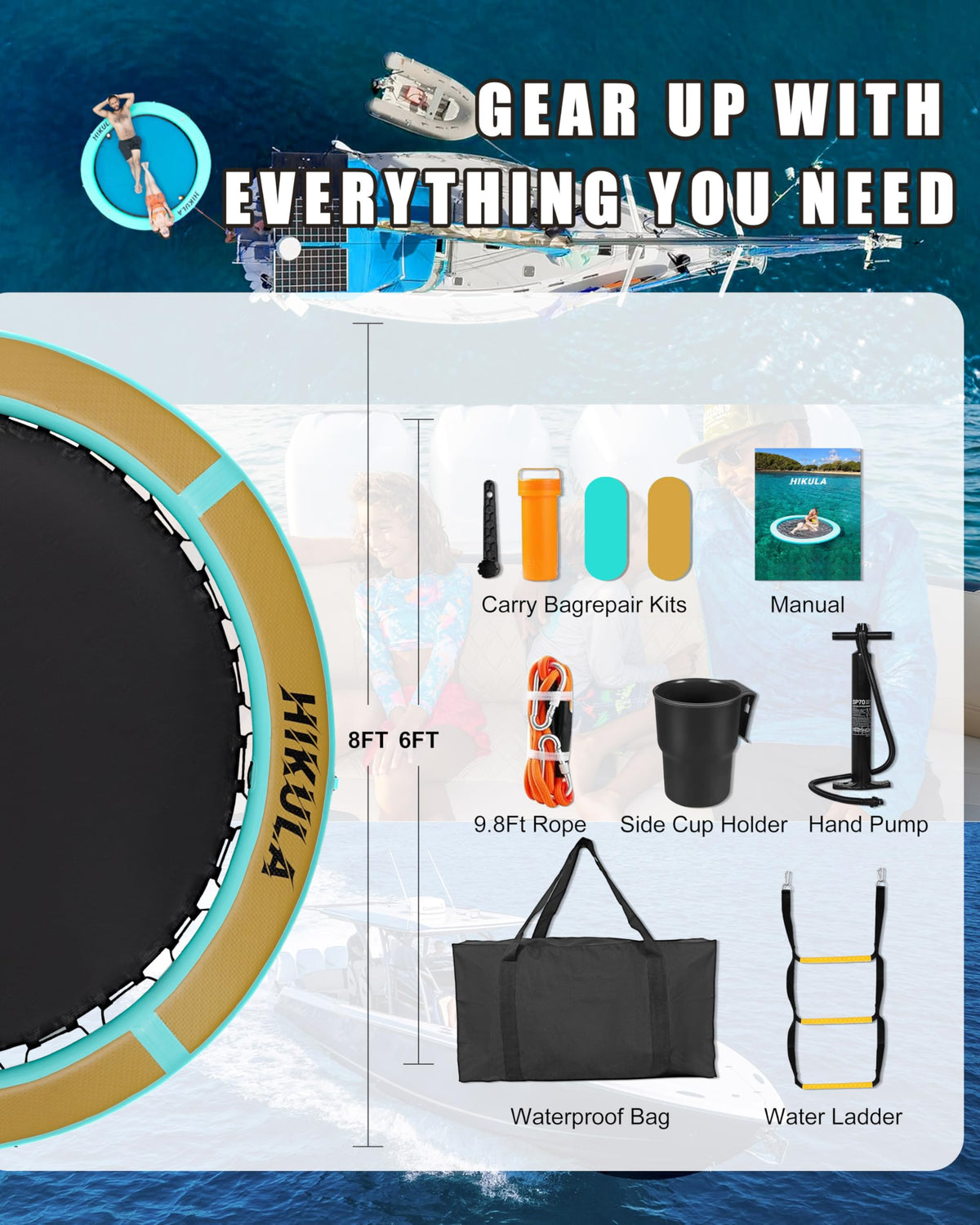 Inflatable Round Floating Ring Water Hammock Dock with Water Ladder and Cup Holder H7297