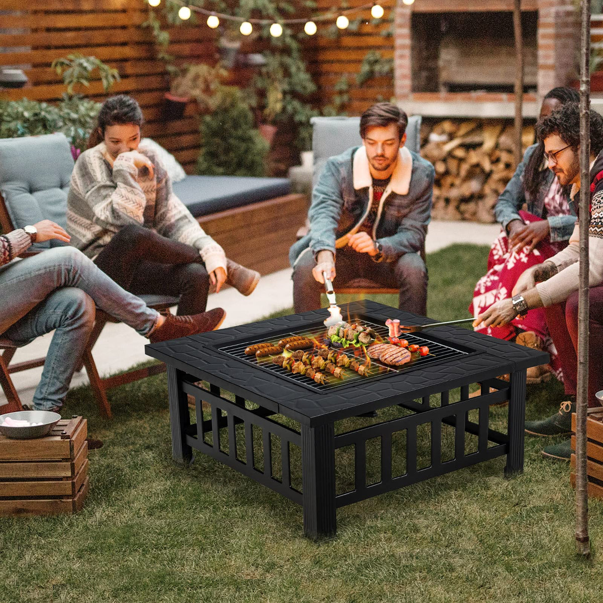 32 inch 3 in 1 Wood Burning Fire Pit Table with BBQ Grill W358579