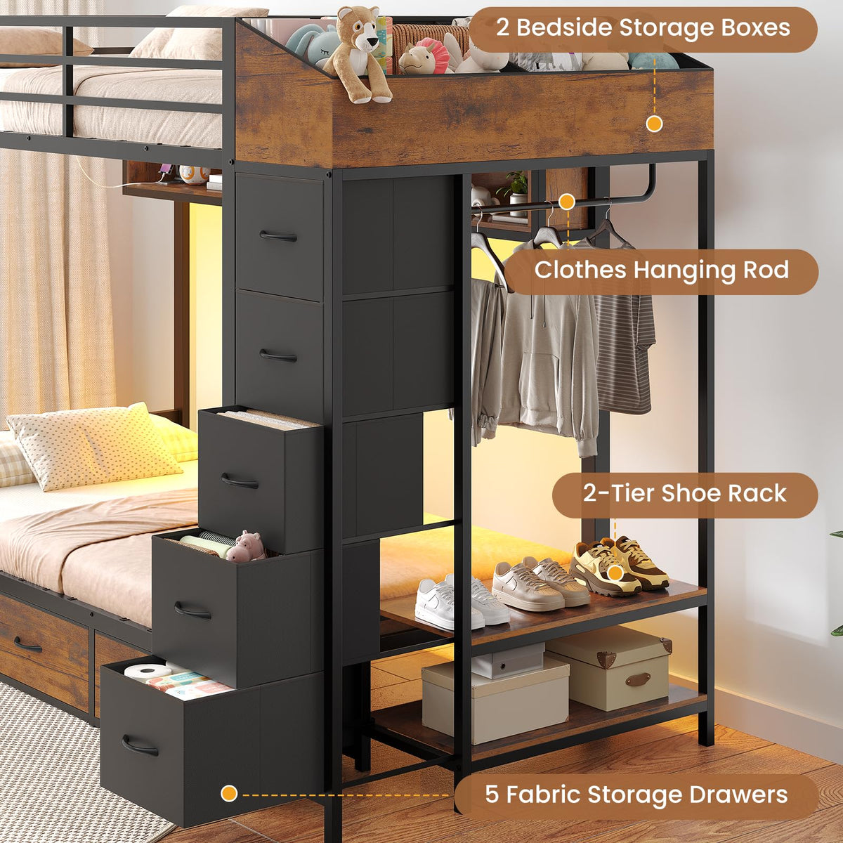 Twin Over Twin Bunk Bed with 8 Storage Drawers and Power Outlets, LED Metal Bunk Bed with Ladder, Black Y52472