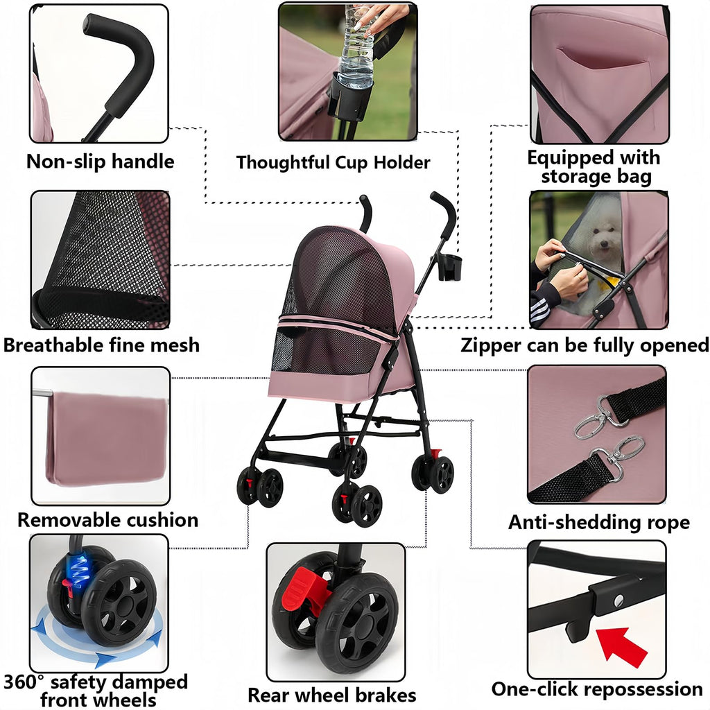 Foldable Lightweight Cat Stroller Pink H348