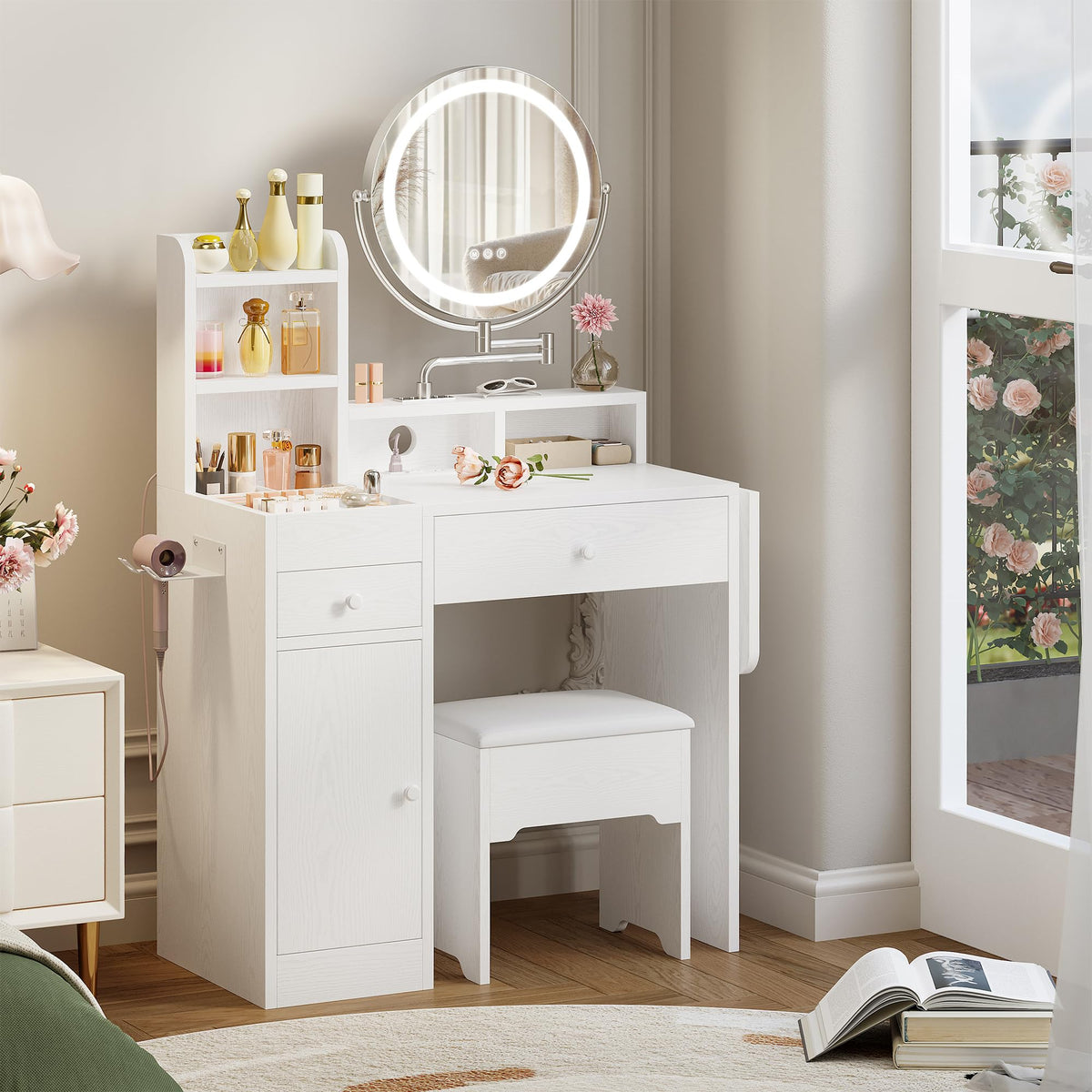 White Vanity Desk with Mirror & Power Outlet G483