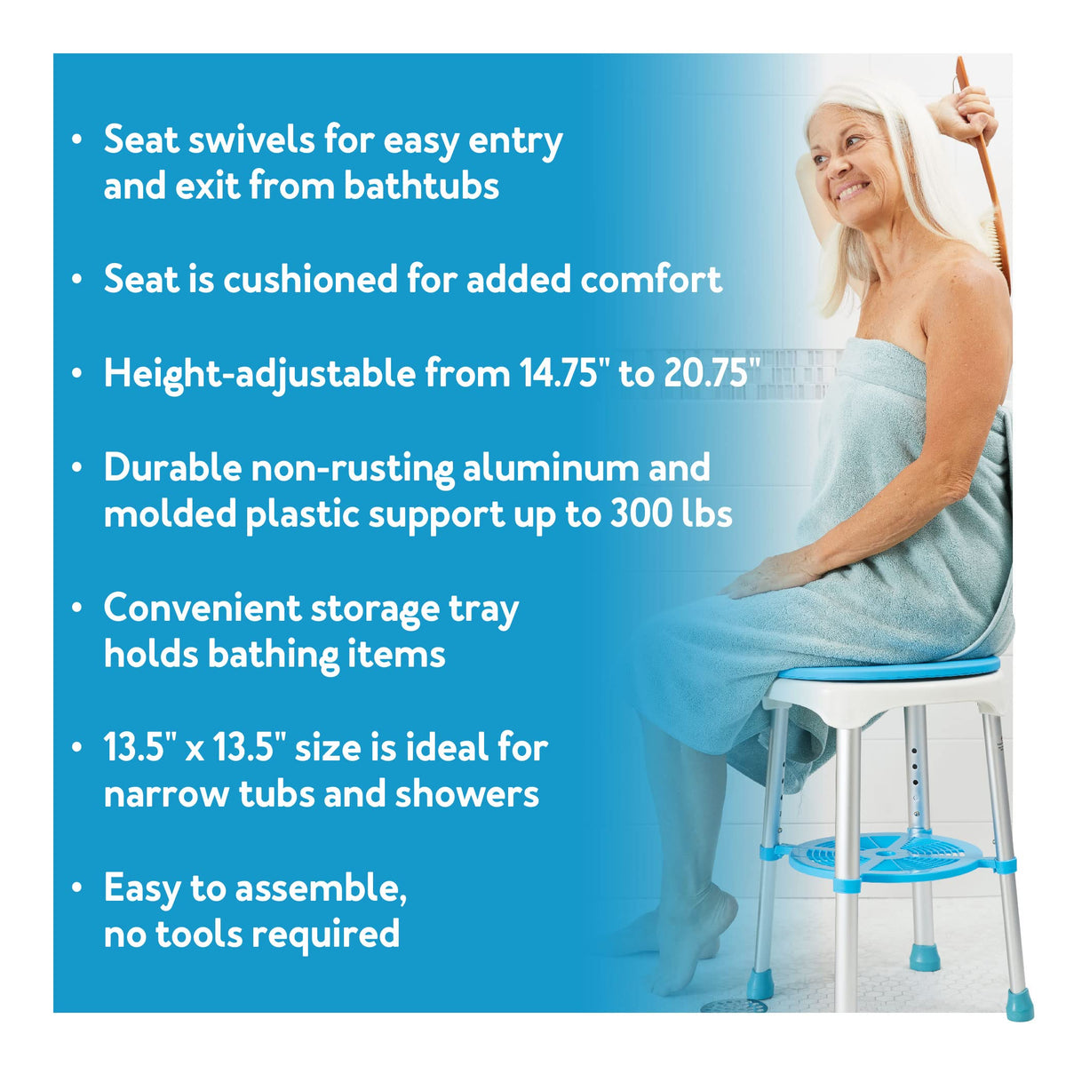 Adjustable Rotating Bath and Shower Stool with Storage Tray Q414