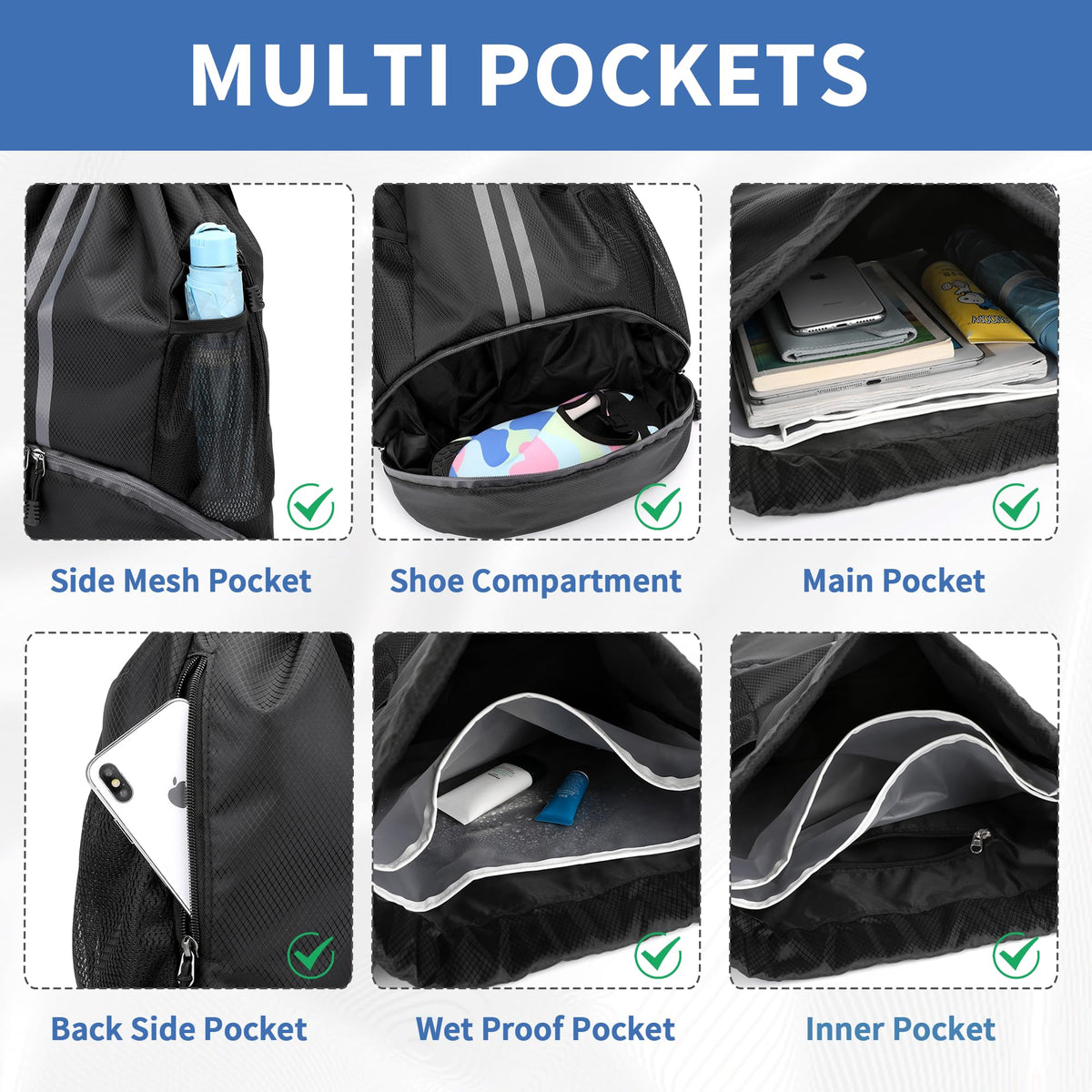 Drawstring Backpack Gym Bag with Shoes Compartment R296212